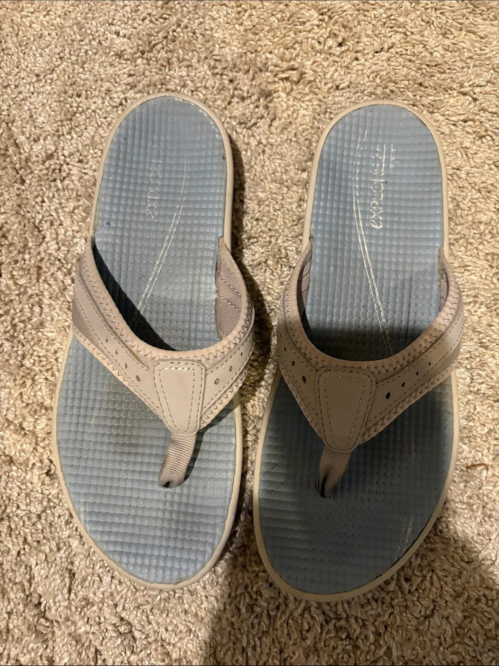 Men's Beige Strap Flip-Flops with Light Blue Footbed